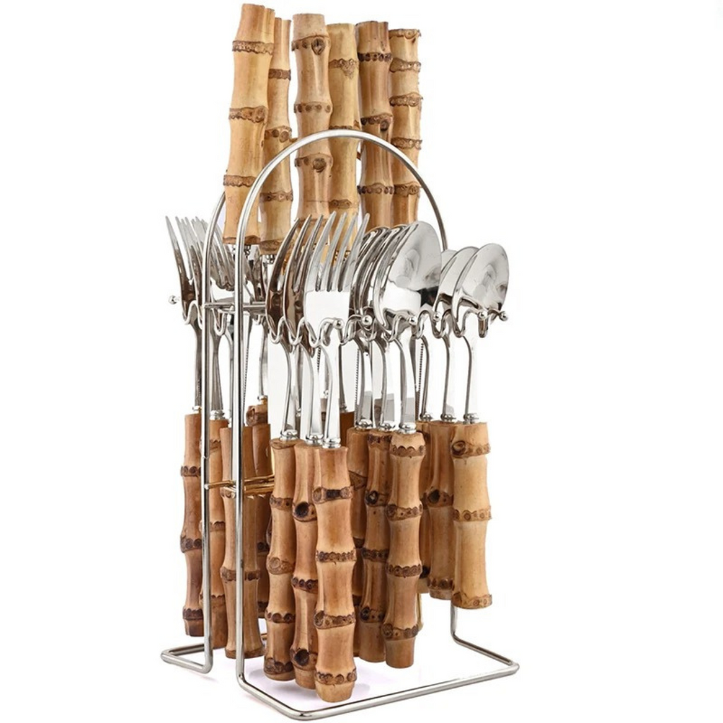 Conjunto de Talheres de 24 Peças com Cabo de Bambu em Aço Inoxidável