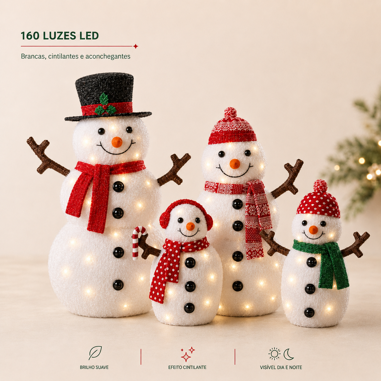 Família de Bonecos de Neve Iluminada – Encanto de Natal