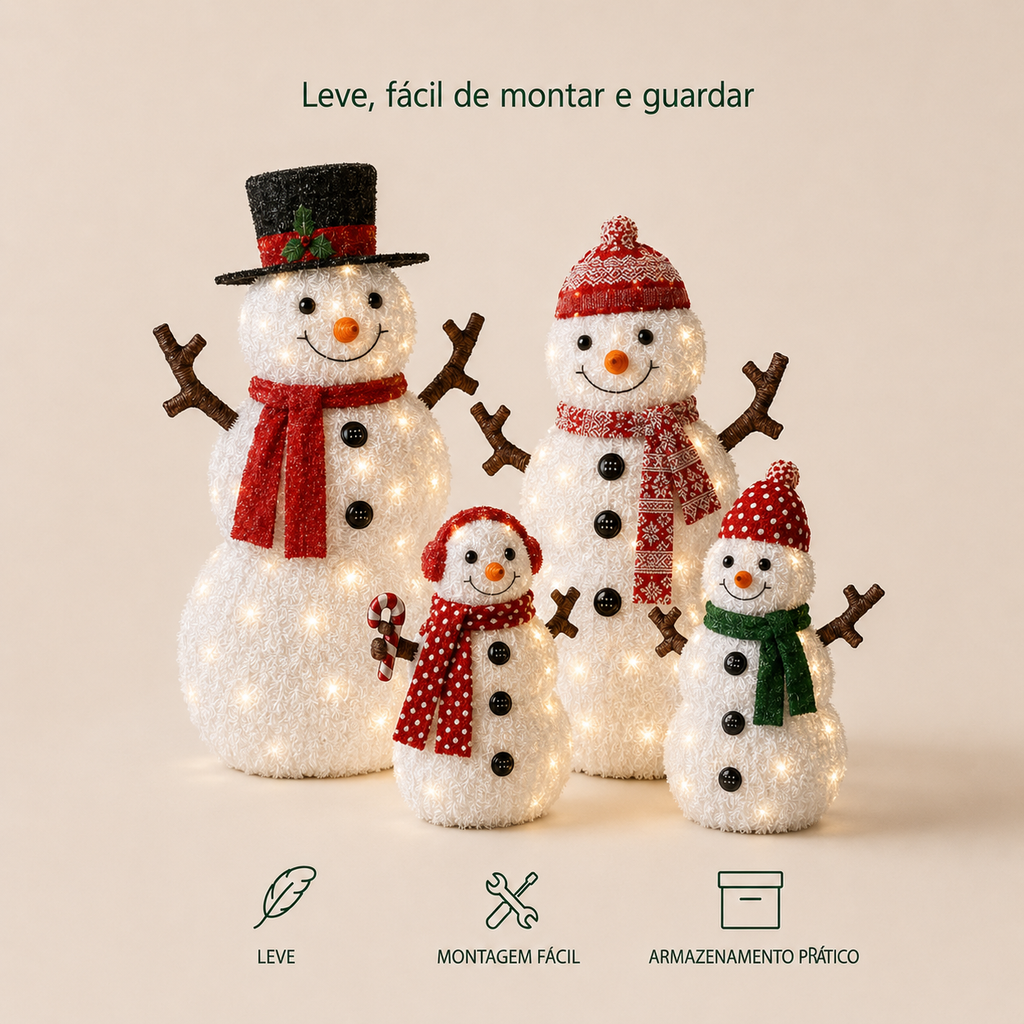 Família de Bonecos de Neve Iluminada – Encanto de Natal
