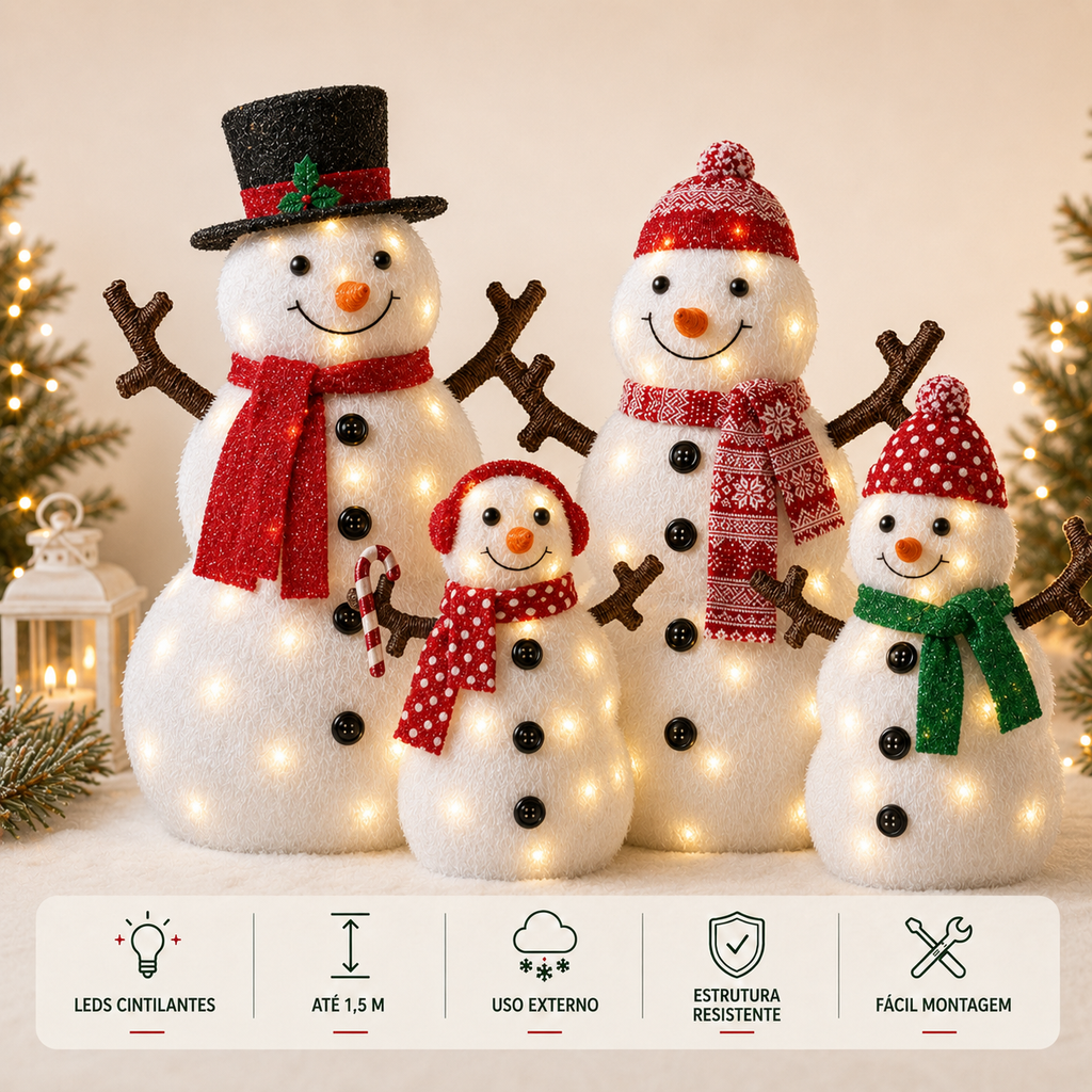 Família de Bonecos de Neve Iluminada – Encanto de Natal