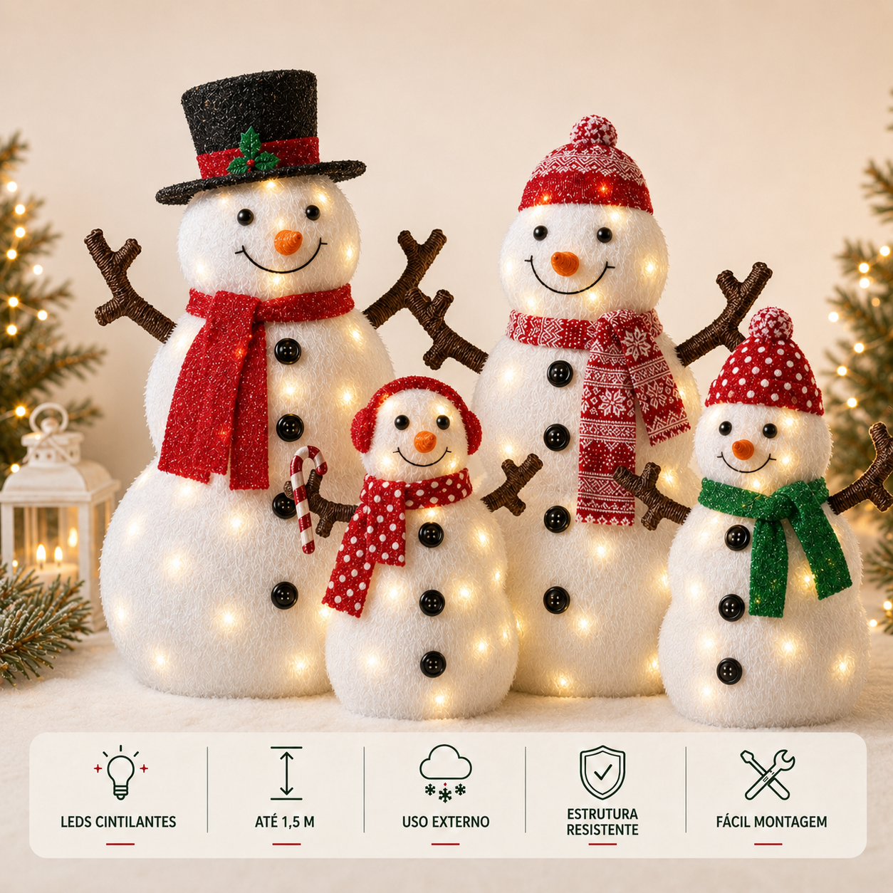 Família de Bonecos de Neve Iluminada – Encanto de Natal